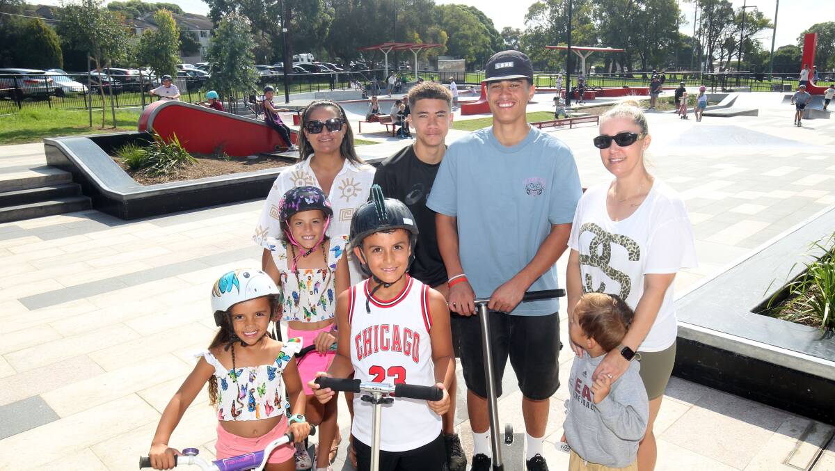 Enjoying the school holidays at the Miranda skate park are Nikki Birch with Laylah, 8, Rocky, 7, and Rylee, 5, and Farlie Pirini with Xavier,3, Zion, 15 and Hamilton. Picture by Chris Lane
